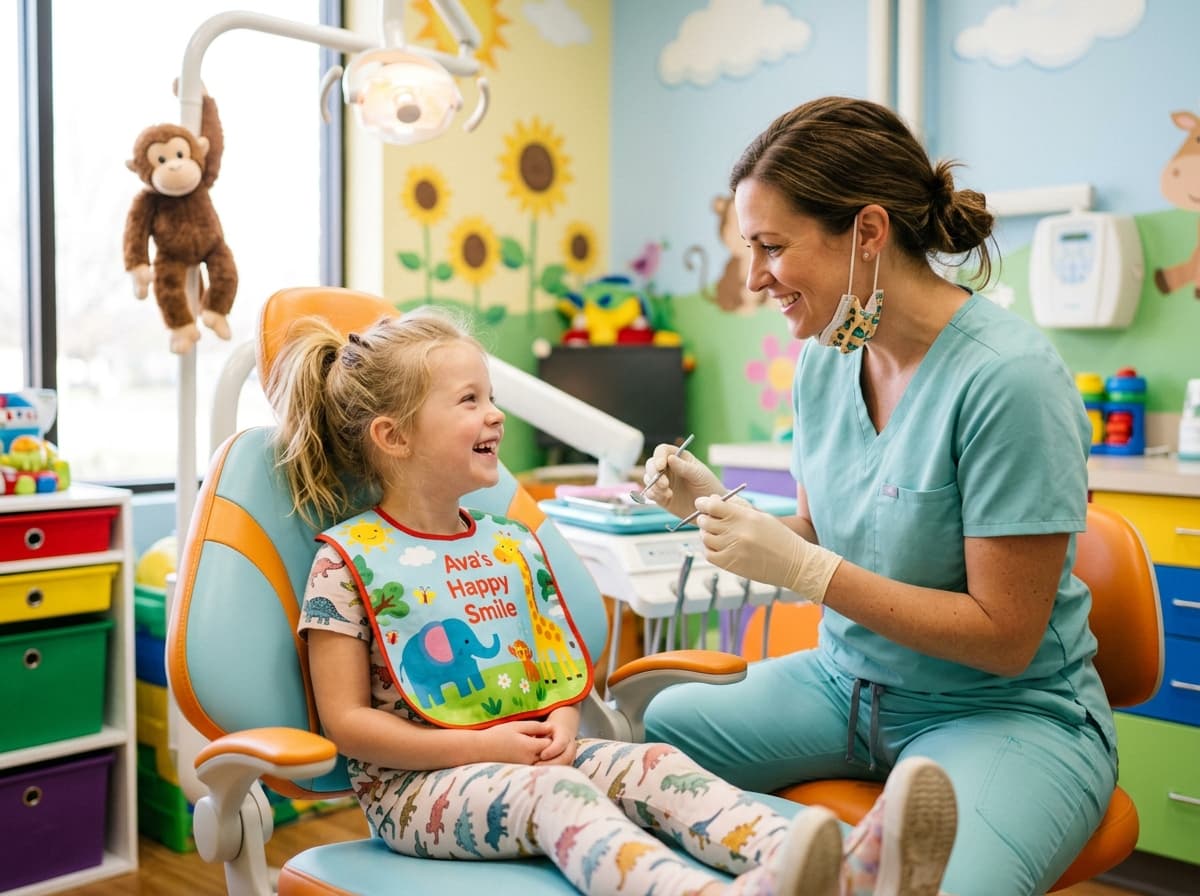Happy child smiling with friendly pediatric dentist