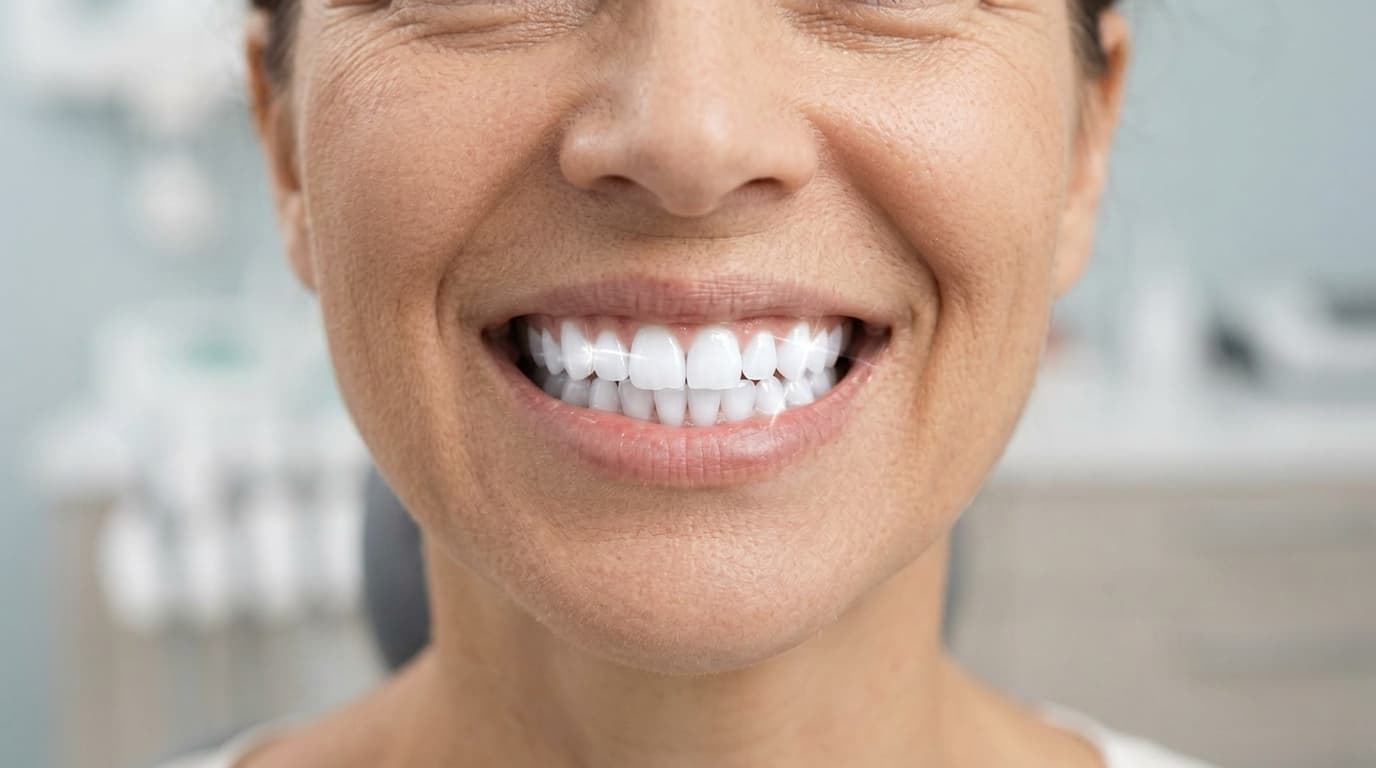 After professional dental teeth whitening: sparkling bright white smile